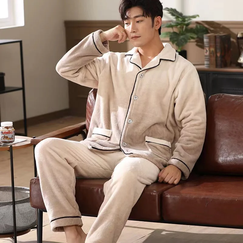 Winter Thick Warm Pajamas Sets Men Turn-Down Collar Flannel 2 Piece /Set Coral Velvet Pyjamas Suits Long Sleeve Trousers Lou