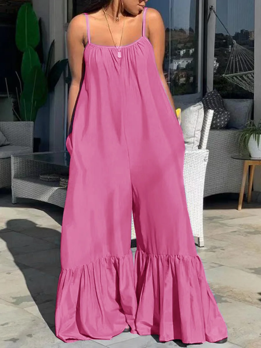 2023 Loose Jumpsuits Women Blue Spaghetti Strap Flare Pants Oversized Boho Fashion High Street Wear Long Jumpsuits Indie Bodycon