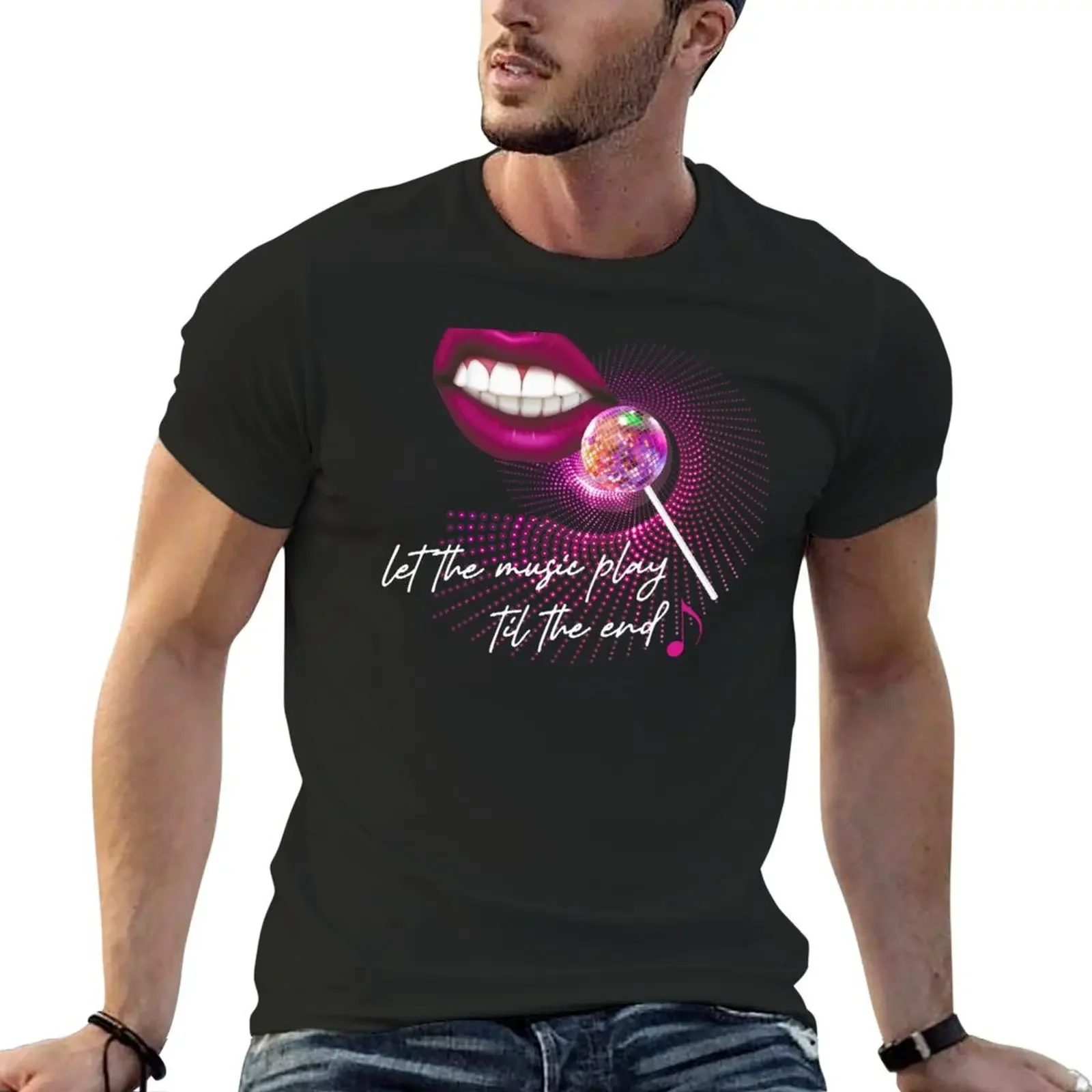 Let The Music Play Til End Pink Lips Mirrorball Lollipop Microphone Note Trustfall T-Shirt