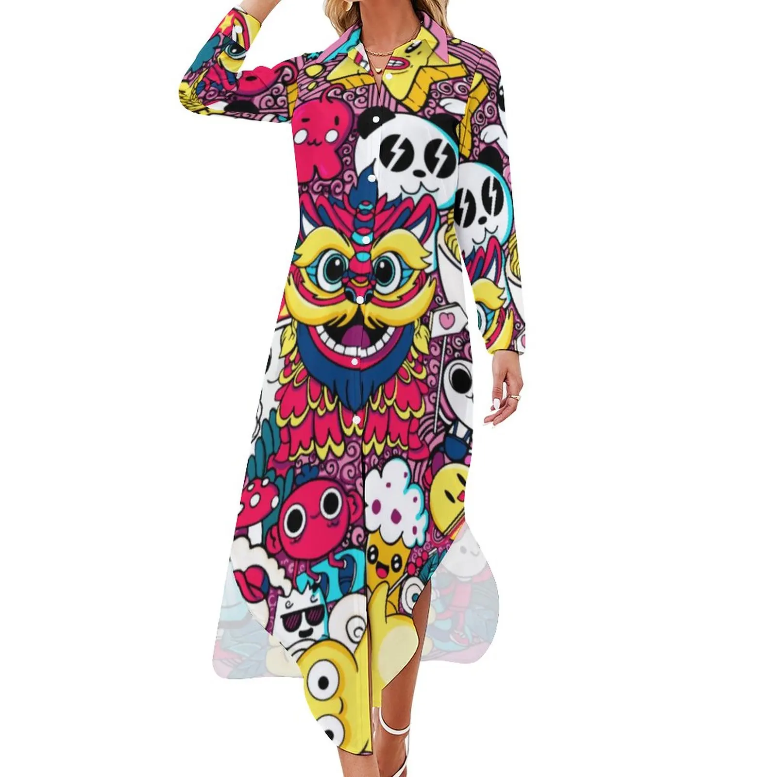 

Japanese Anime Chiffon Dress Doodle Art Print Kawaii Dresses Street Fashion Casual Dress Female Sexy Clothing Big Size 4XL 5XL