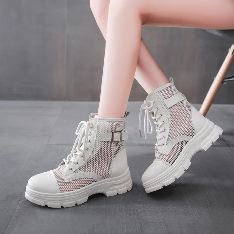 

Mesh Leather Martin Boots 2022 Summer New Lace Up British Style Thick-soled Ankle Boots Mid-heel Casual Mesh Cool Boots Women