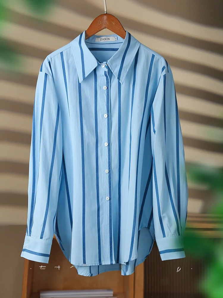 Вельветовые рубашки в синюю полоску женские осенне-зимние 2024 новая утолщенная