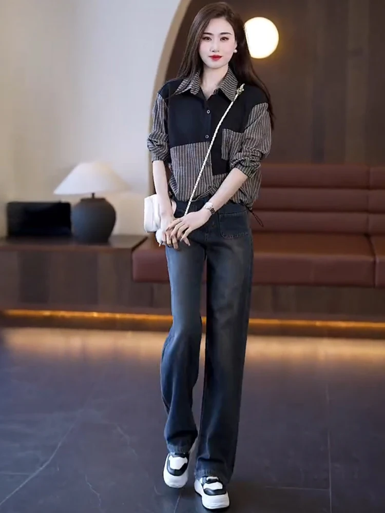 Модные рубашки с джинсовым комплектом женские весенние новинки 2024 маленькие