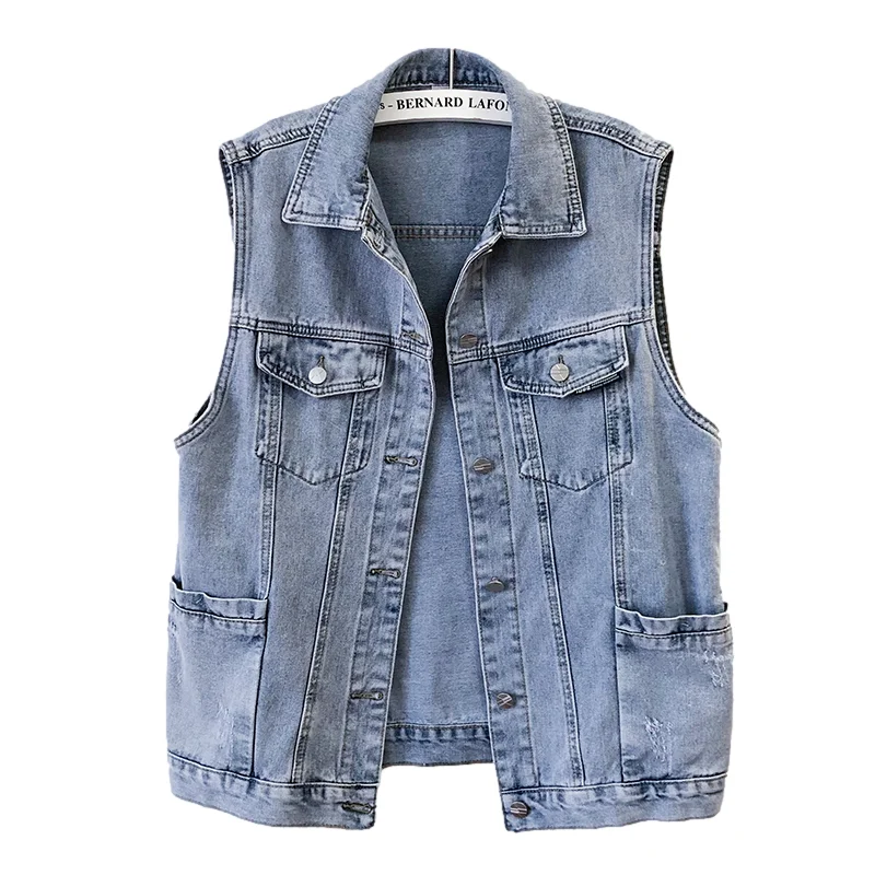 

Vintage Blue Mid Long Denim Vest Women Waistcoat Frayed Pocket Cowboy Sleeveless Jacket Autumn Korean Loose Jeans Vests Female