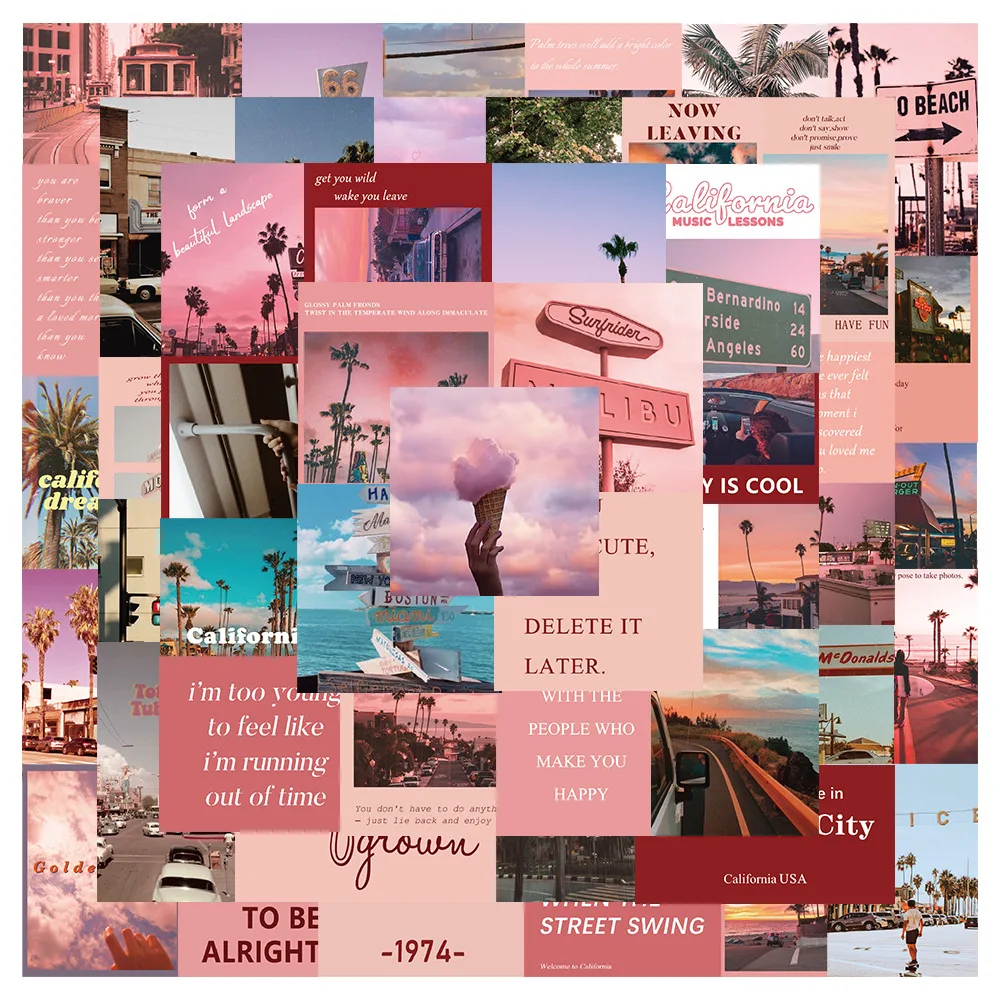 

50PCS Pink Coast Sticky Graffiti Sticker Aesthetic PVC Child Decorative Sketchbook Scrapbook Accessories Flakes for Kids