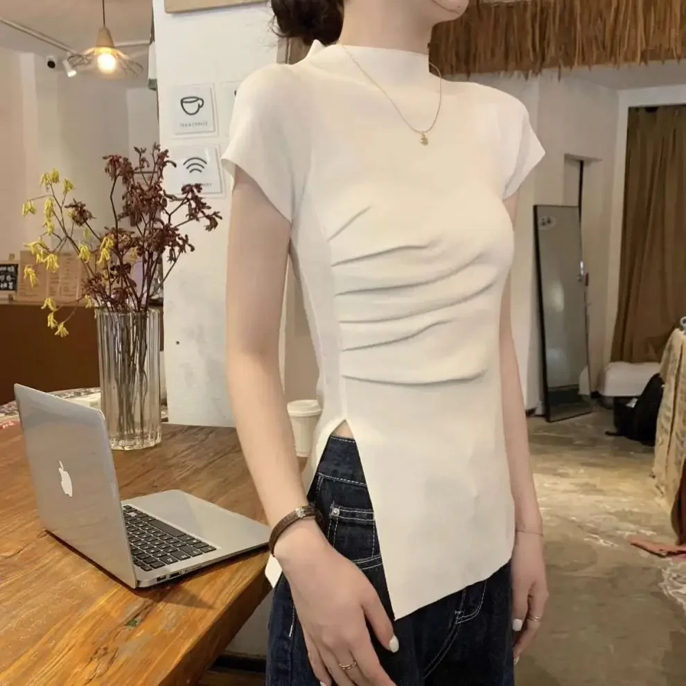 2024 белая женская летняя укороченная футболка с высоким воротником до половины
