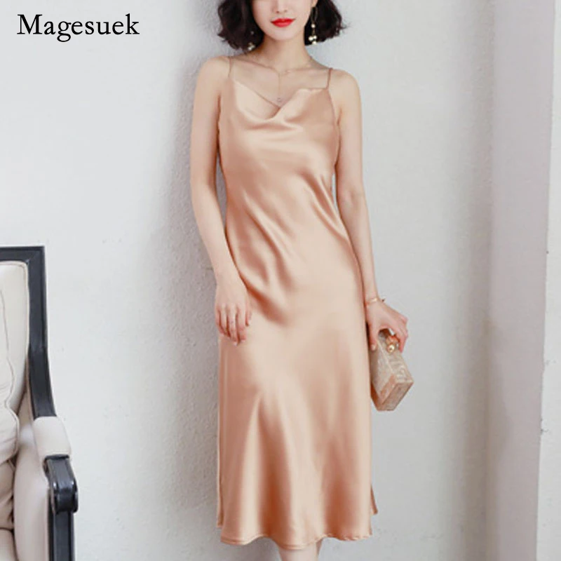 

Summer Dresses Sexy Midi Satin Dress Women Backless Silk Dresses Woman V Neck Spaghetti Strap Dress Women's Female Vestido 13204