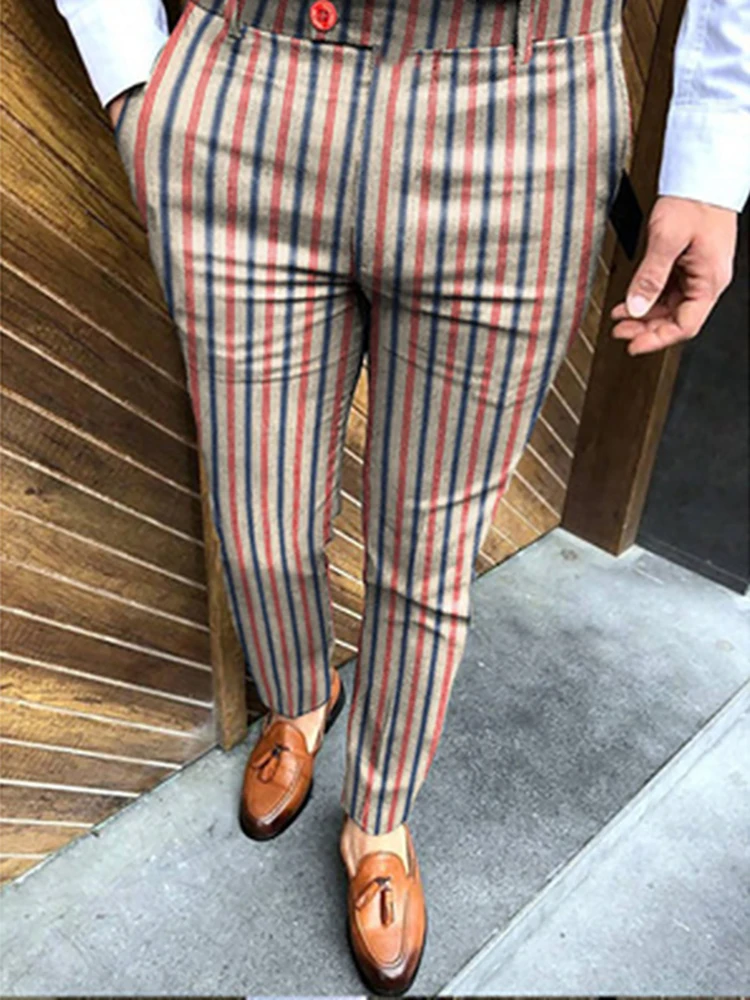 

2022 Splice Color Male Street Chic Pants Men Vintage Striped Printed Long Pencil Pants New High Waist Sim Fit All Match Trouser