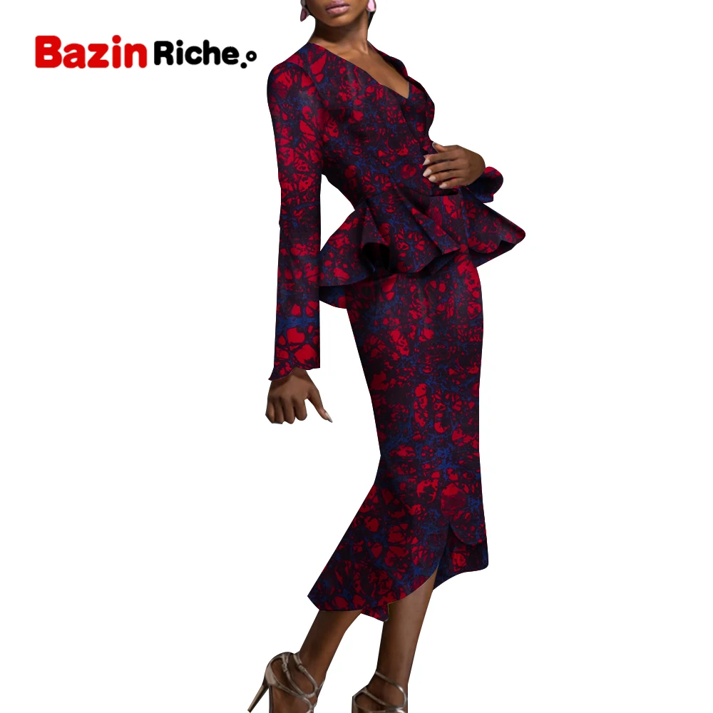 

African Dress Women Elegant Suit Coat Two Pcs Sets V-necklace Clothing and Pleated Coat for Office Lady Birthday Party WY9390