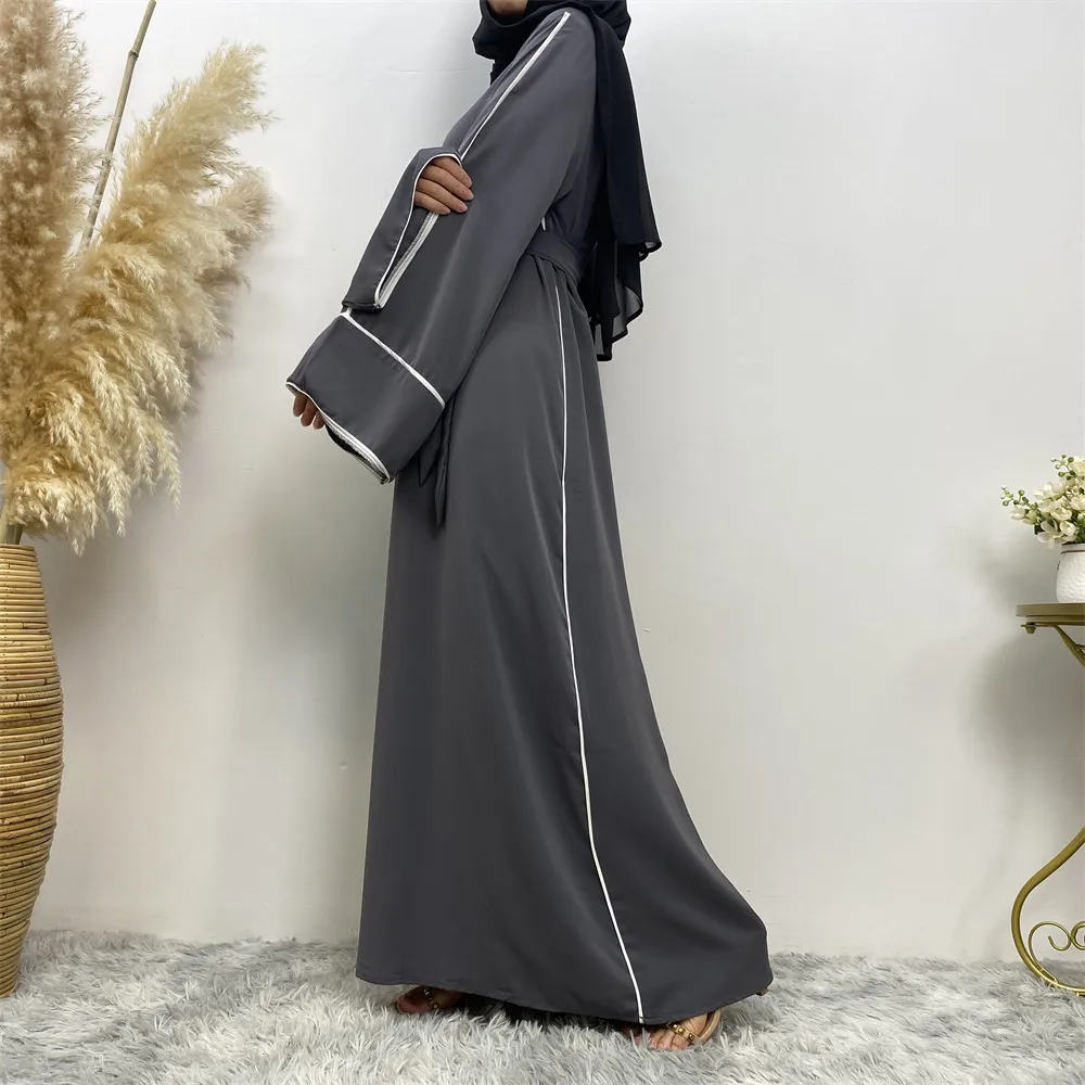 Simple Style 2023 New Fashion Muslim Women Plain White Edge Net Color Large Size Lace-up Dress Abaya Dress Long Dresses