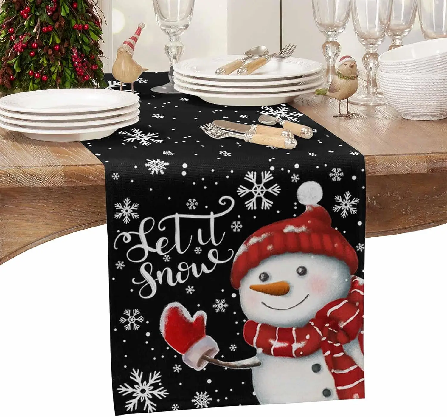

Christmas Snowman with Red Hat Snowflake Linen Table Runners Kitchen Table Decor Farmhouse Table Runners Christmas Decoration