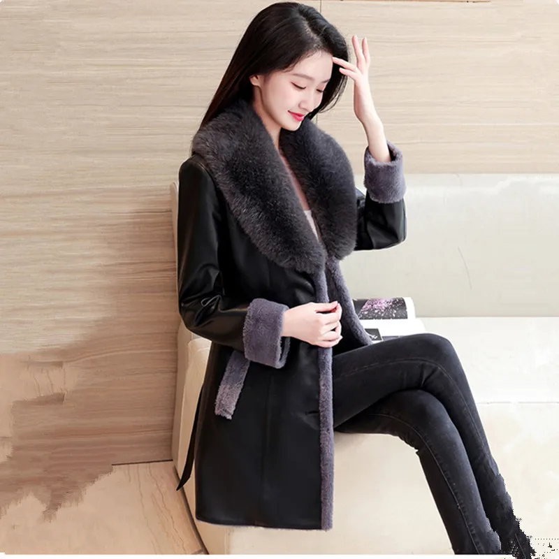 UHYTGF Winter Leather Jacket Women's Fashion Fur Collar Black Casual Warm Coat Female Quality PU Leather Overcoat Ladies 3XL 118