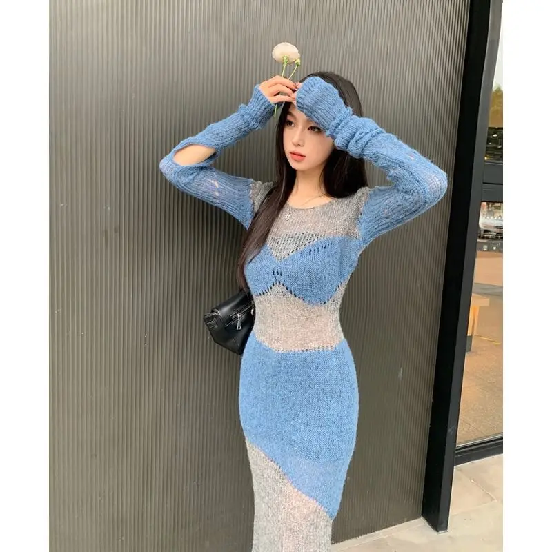 

2022 Women Sexy Dress Patchwork Crochet Maxi Dresses Knitted Long Sleeve Bodycon Long Dresses for Women Party Vestido Robe Y