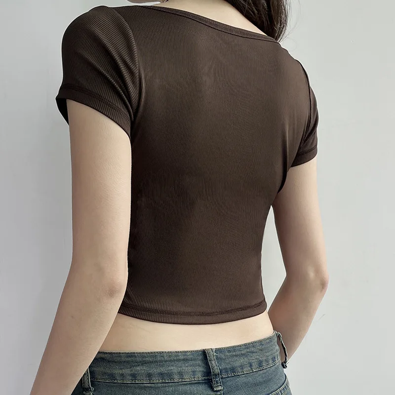 Однотонный облегающий короткий топ с квадратным вырезом Женская Повседневная