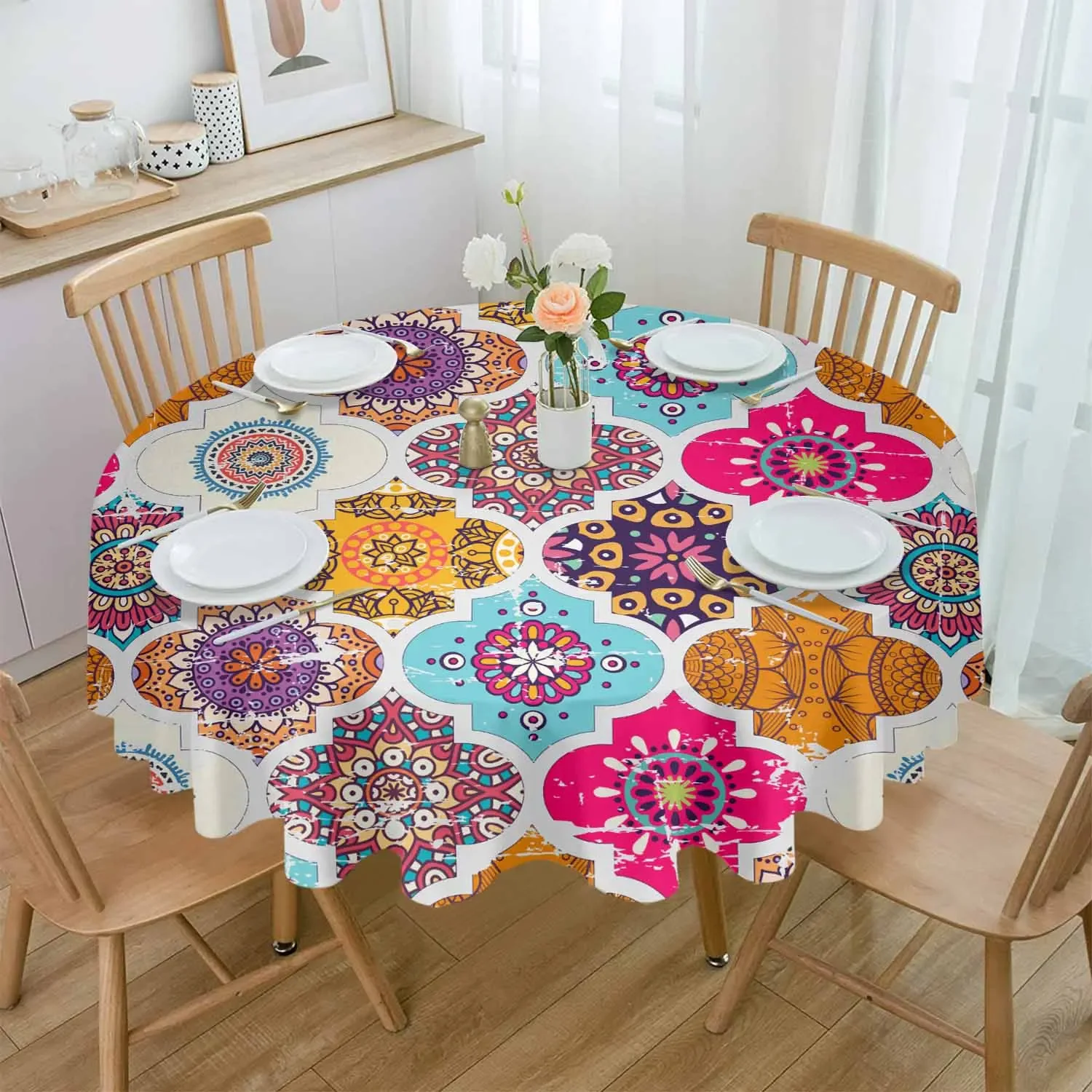 Марокканский богемный узор круглая скатерть водонепроницаемая крышка для стола