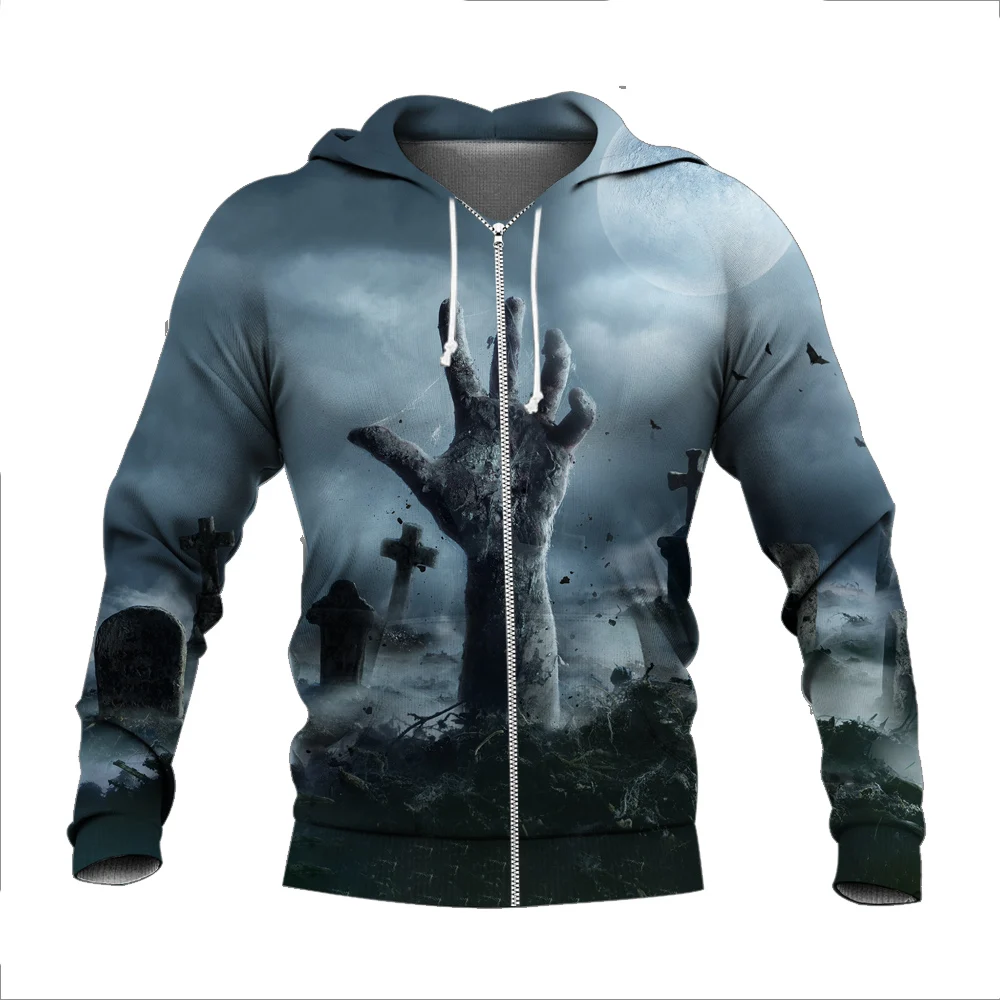 

2022 New Autumn and Winter Men's Halloween Skull 3D Printing Hooded Zipper Hoodie Men's Sweatshirt 3D Harajuku Hoodie