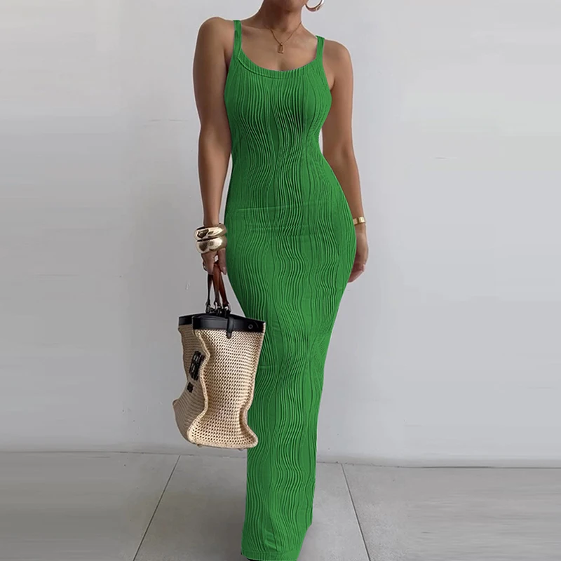 

Summer Solid Color U-neck Sling Dress Elegant Sleeveless Rib Hip Wrap Party Dress Female Chic Glitter Shiny Holiday Long Dresses