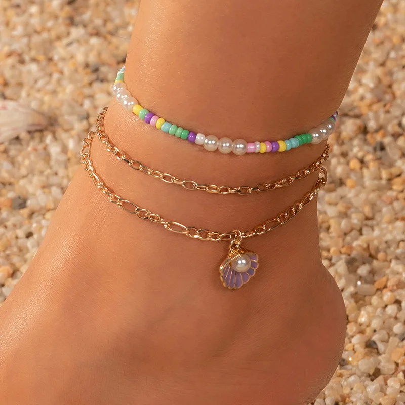 

Женский пляжный комплект ювелирных изделий, многослойный браслет на ногу с рисовой бусиной, цепочкой и искусственным жемчугом в богемном стиле
