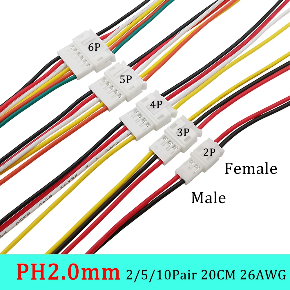 2/5/10 пар 26AWG Micro JST PH2.0mm 2-6 контактов штекер гнездовой разъем провод коннектор 20 см PH