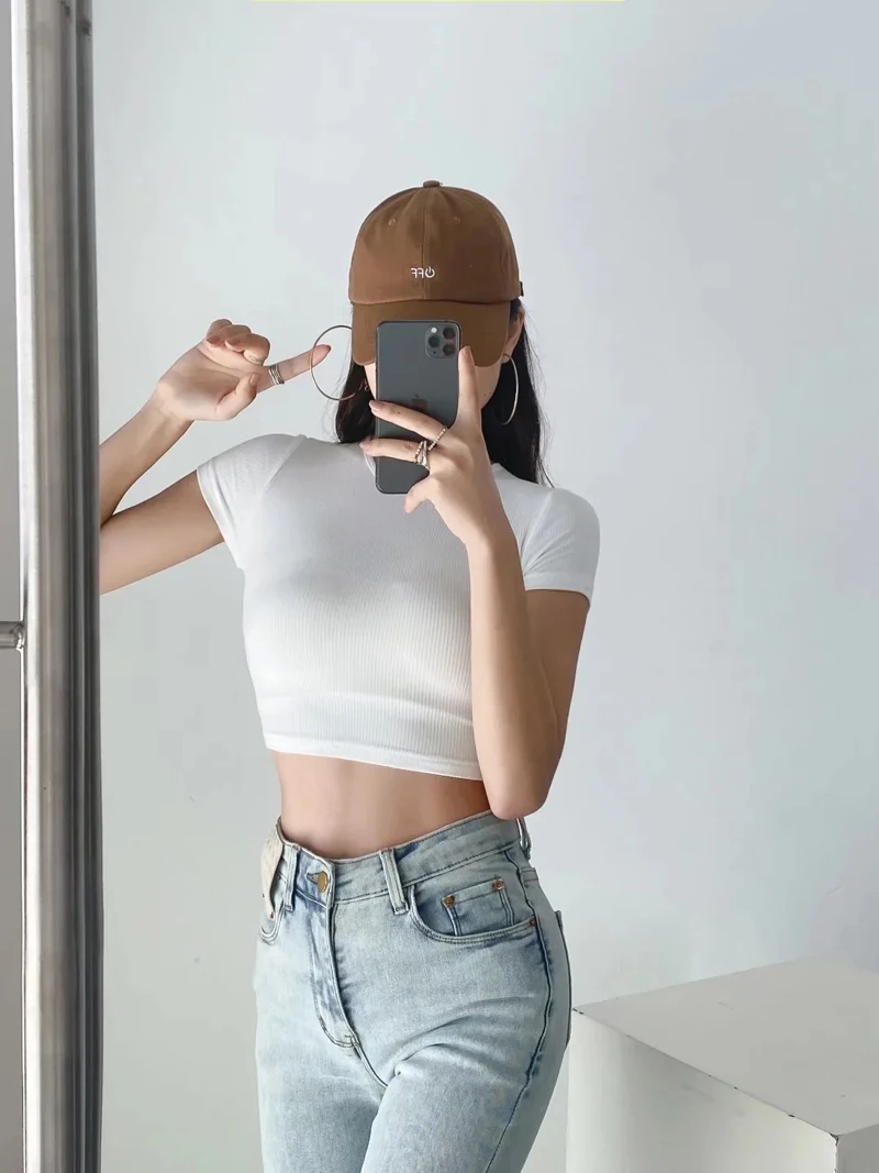 Женский укороченный топ со шнуровкой сзади с коротким рукавом кроп-топ в рубчик