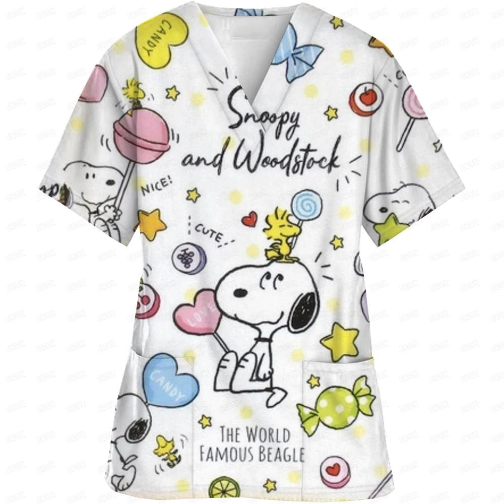 Женская одежда Snoopy с мультяшным принтом и V-образным вырезом рабочая Топы