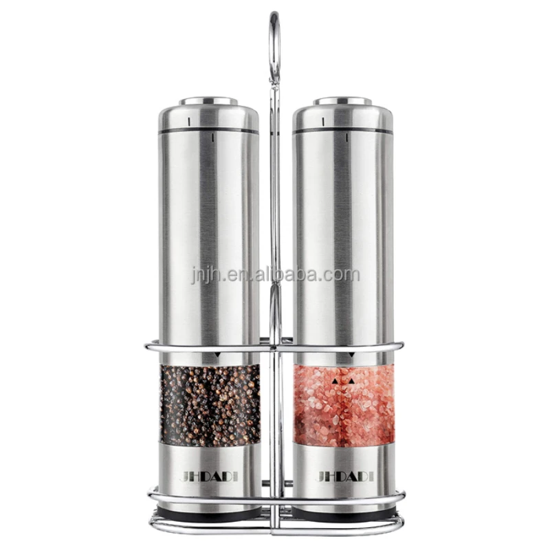 

2pcs JHE 08 electric grinder with stand/electric stainless steel salt pepper grinder mill sets with LED light
