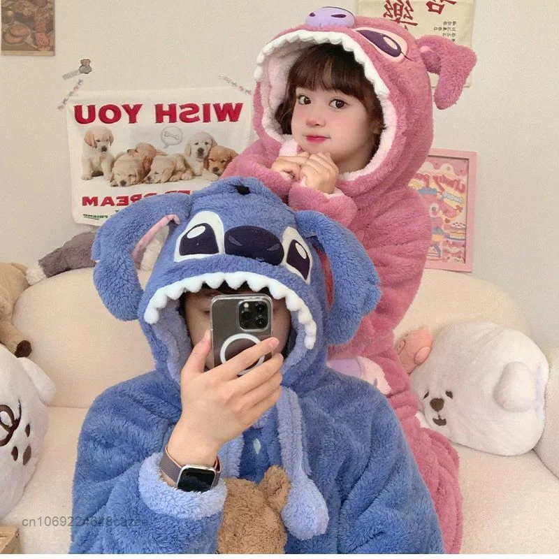 Disney Stitch Blue Pink Plush Pajamas Couple Cute Coral Velvet Pajamas Y2k Korean Warm Winter Flannel Housewear Suit For Women