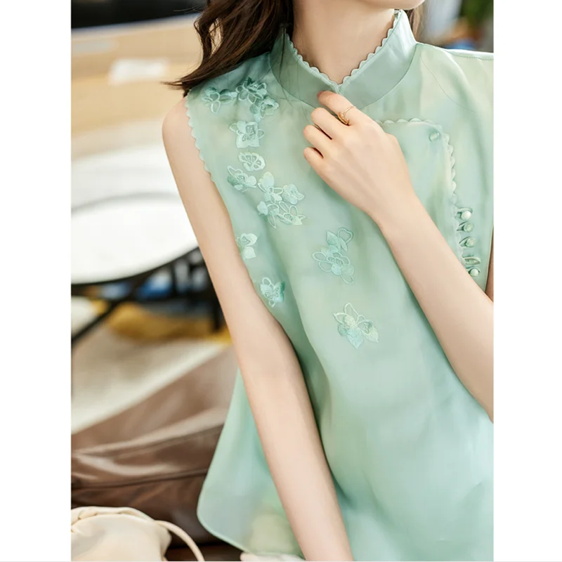

National Style Improved Cheongsam Blouse Green Sleeveless Shirt Summer Chinese Retro Stand Collar Organza Embroidery Vest Tops