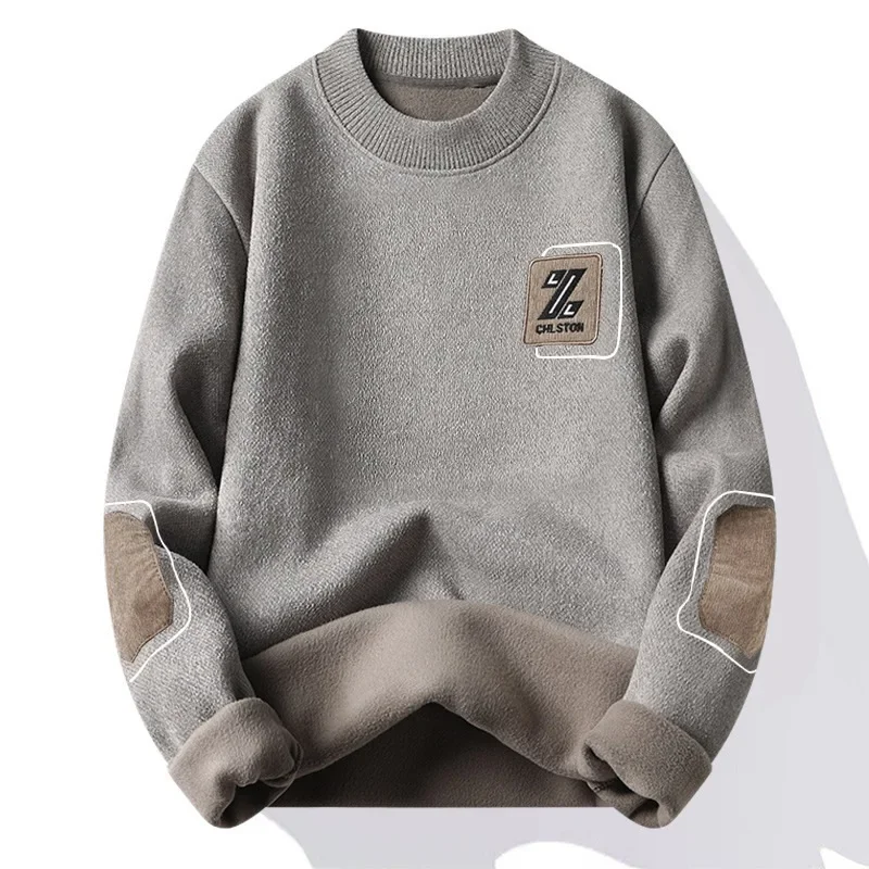 Мужской зимний новый цельный джемпер из синели на флисовой подкладке с круглым