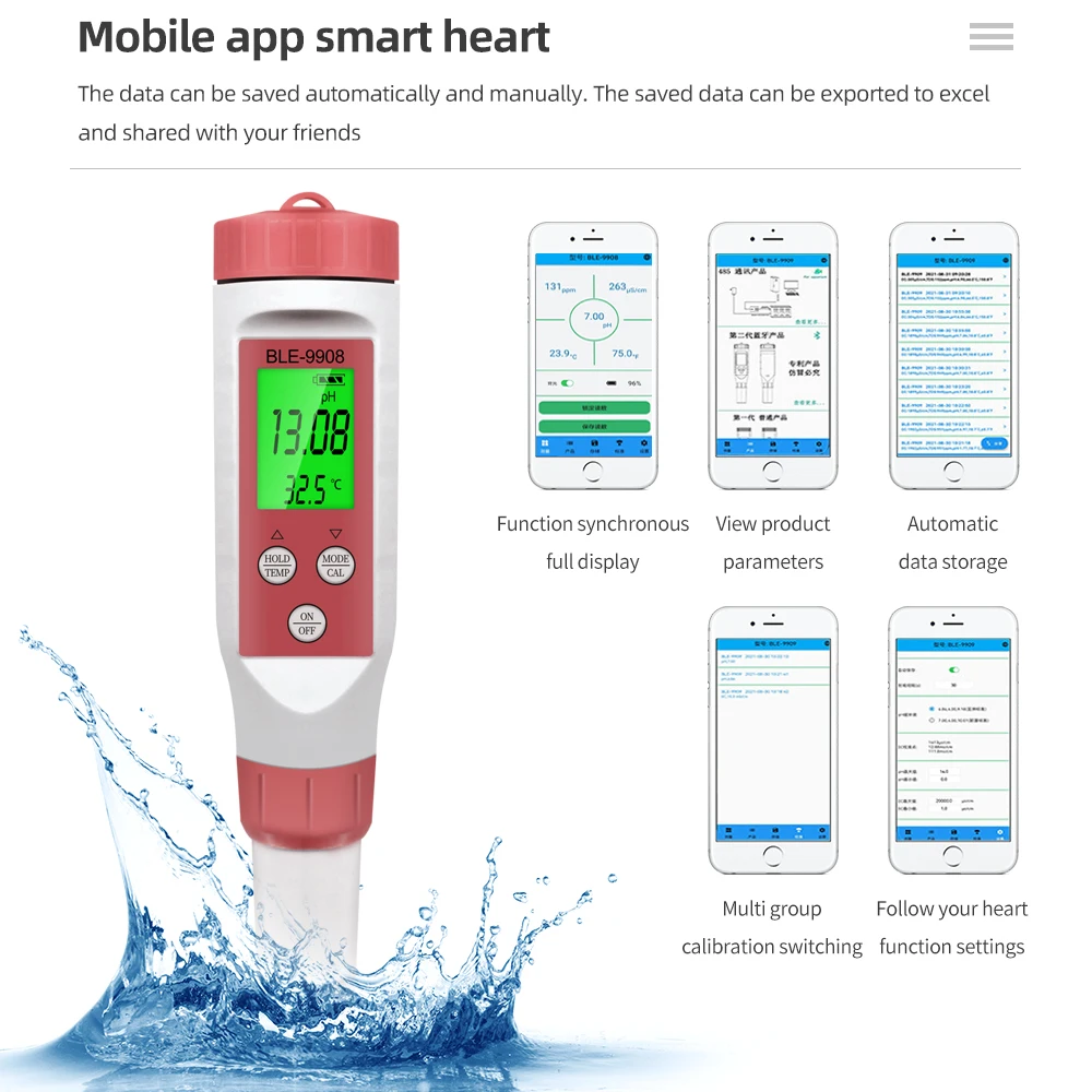 Ph-метр 4 в 1 совместимый с Bluetooth измеритель температуры PH EC TDS тестер качества воды