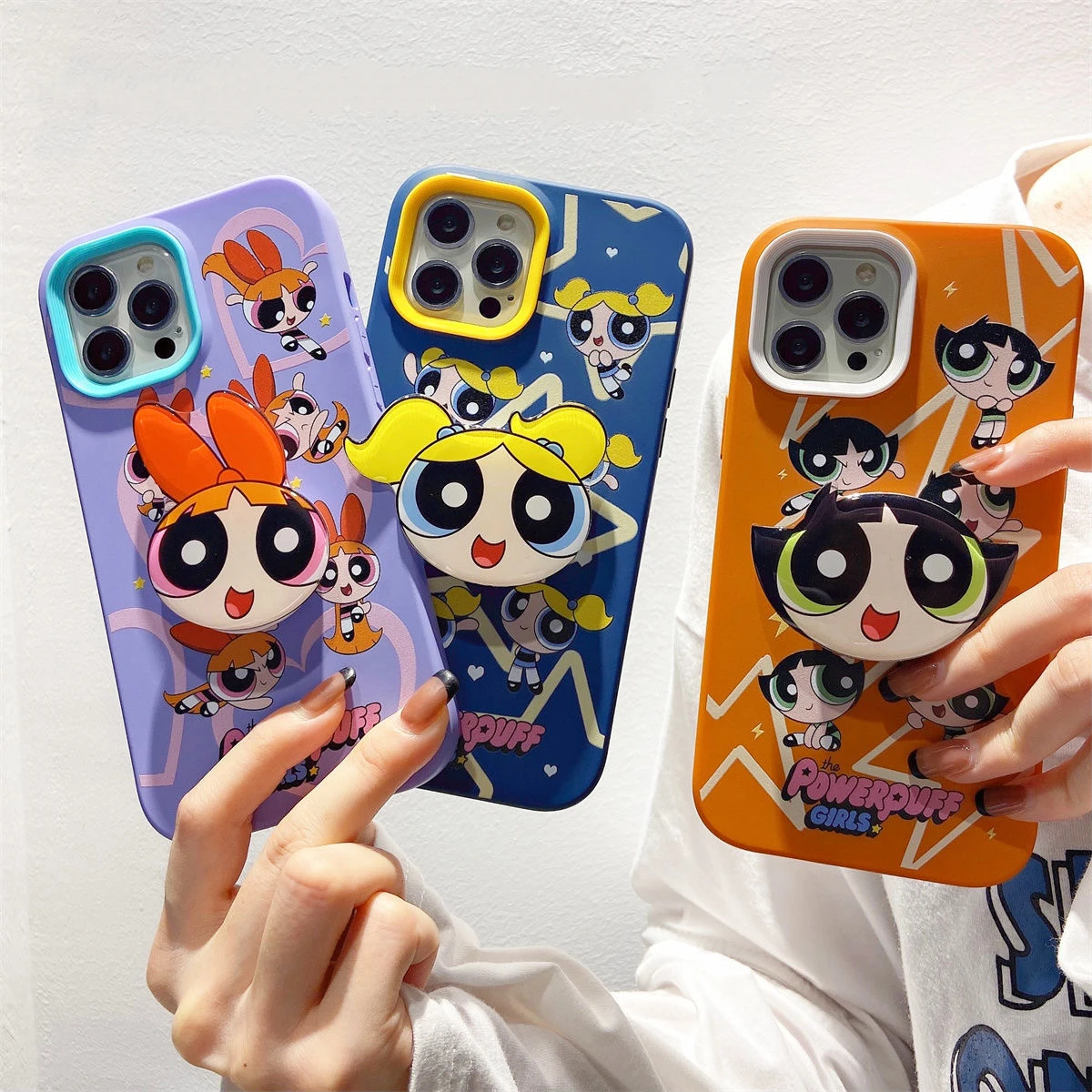 

Cute Cartoon Powerpuffs Girls With Bracket Phone Cases For iPhone 13 12 11 Pro Max XR XS MAX X 7/8Plus Anti-drop Soft Case Gift
