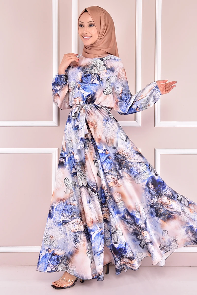 

Женское атласное платье Дубай Abaya, синее платье-хиджаб из Турции, осенняя однотонная мусульманская одежда с длинным рукавом, длинное платье ...