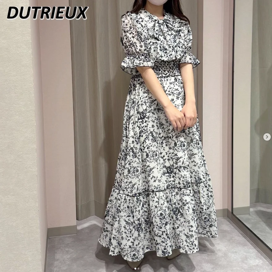 

Women's New Summer Polka Dot Temperament Fairy Long Dress Waist Slimming Chiffon Short Sleeve Tied Maxi Dresses Ladies