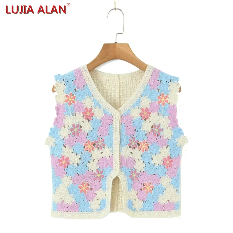 

New Women Flower Crochet Knitted Sweater Female Vest Pullover Casual V-neck Loose Tops LUJIA ALAN SW2223