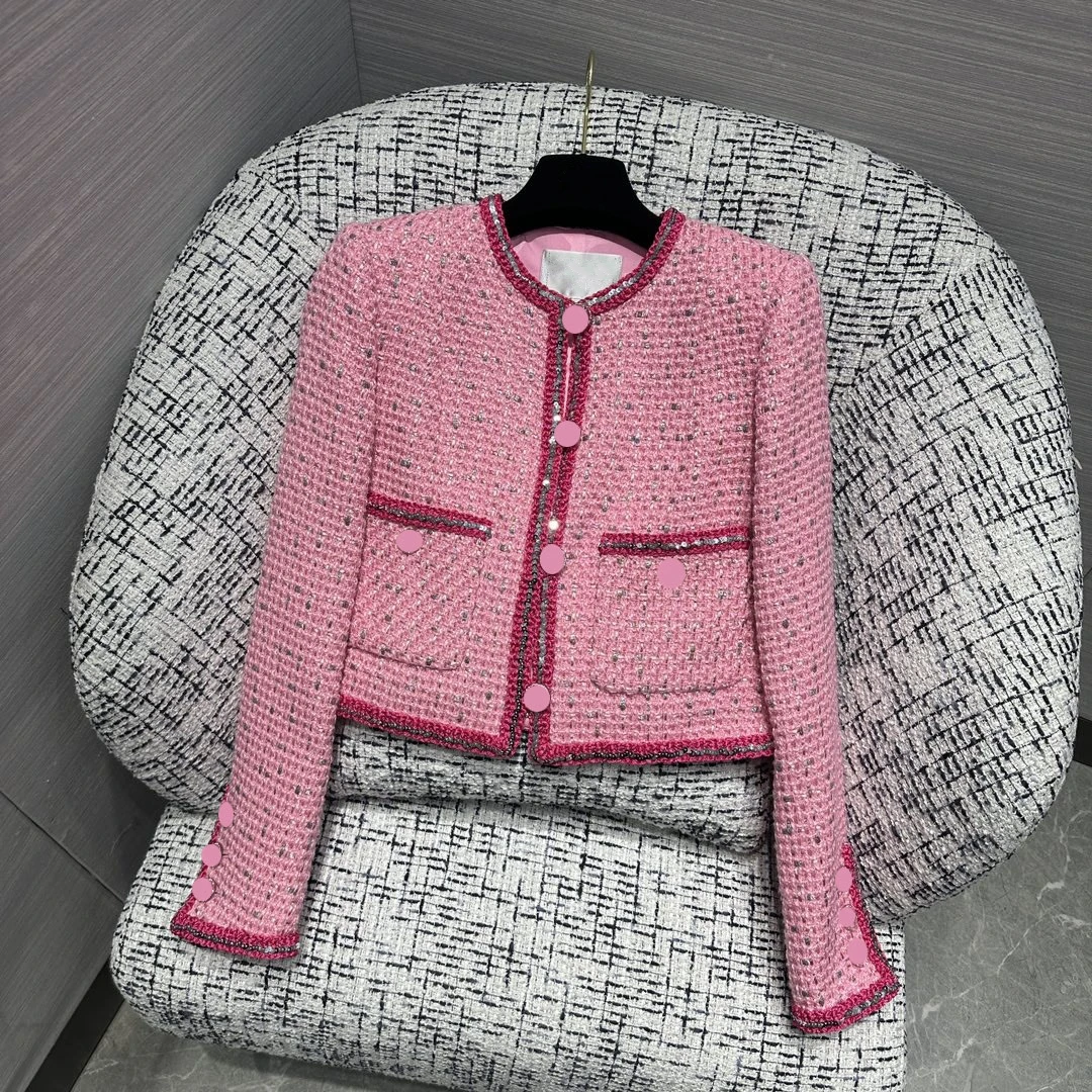 

High quality spring autumn women sequins single breasted pockets tweed coats celebrity pink weave jackets