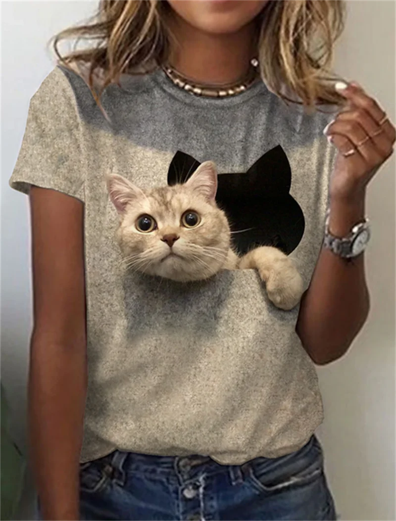 

2023 Fashion Women's T-shirt 3D Kawaii Cat Print T-shirt New Animal Short Sleeve T-shirt Plus Size Loose Women's Wear