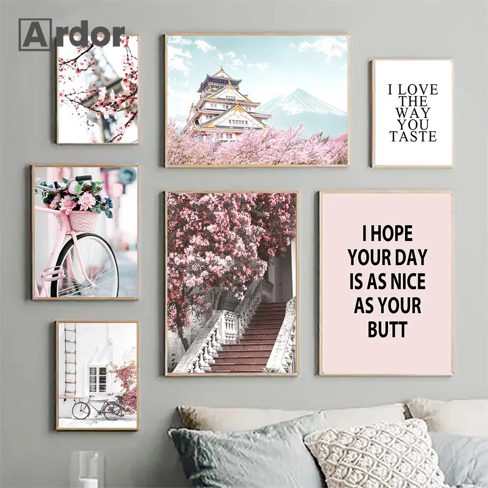 Розовый Парижская башня автомобиль плакат с цветком персика цитаты настенная