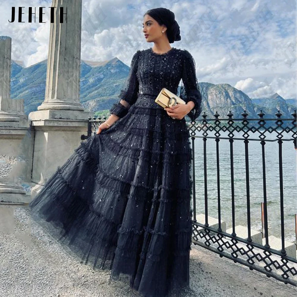 

JEHETH Exquisite Black Evening Dresses For Woman Long Sleeves O-Neck Prom Party Gowns A-Line Tulle فساتين سهره فاخره 2023