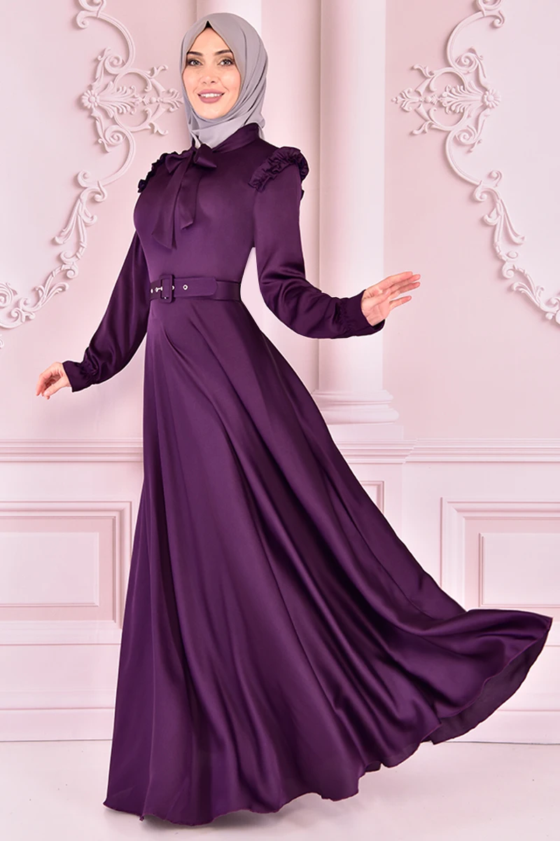 Атласное платье с поясом фиолетового цвета, ev14822