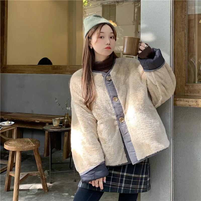 2021 Winter Solid Lambswool Patchwork Women Coat Thick Warm Loose Casual  Jacket Female Outwear Elegant Tops Winter Jackets