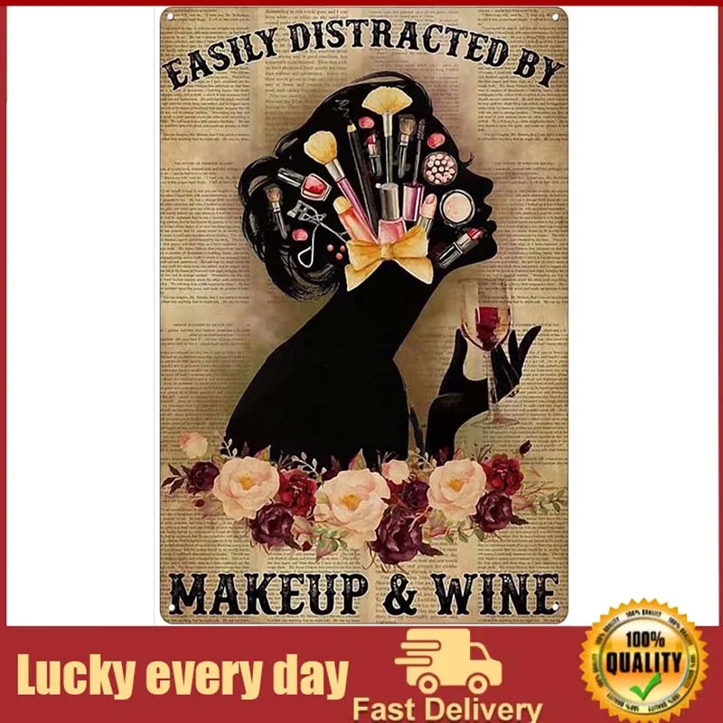 

Easily Distracted by Makeup and Hops Tin Sign Bathroom Wall Decor Poster Tin Sign Home Kitchen Infographic Restaurant Cafe Art