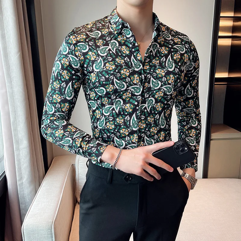 Vintage Print Men Shirt 2021 High Quality Long Sleeve Casual Shirt Formal Dress Shirts Slim Fit Streetwear Social Tuxedo Blouse