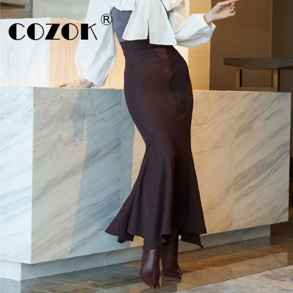 

Юбка-Русалка Cozok в японском стиле, модные однотонные юбки с высокой талией, несимметричные складки, новинка 2022, женские Облегающие юбки