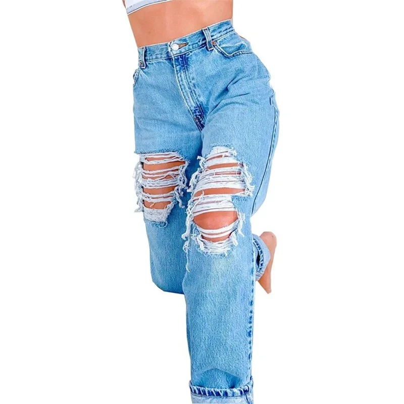 2023 New Fashion Ladies Jeans Ripped Holes Ladies Spring and Autumn Hollowed Out Slimming Trousers Denim Straight Leg Jeans