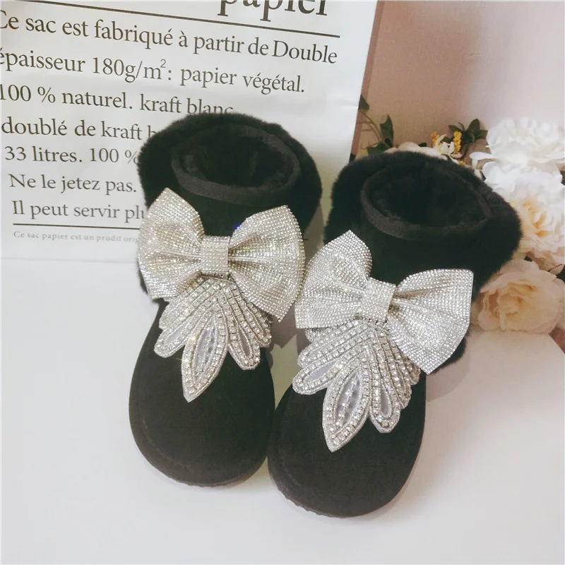 

Bowknot Rhinestone Beaded Heavy Industry Snow Boots Thicken Leather Waterproof Short Cotton Boots Large Size 35-44