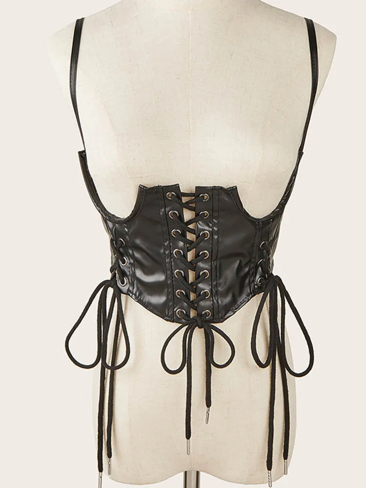 Sexy PU Leather Crop Top Corset Belt Punk Tank Top Women Lace-Up Bandage Wide Waist Belt Gothic Bustier Shapewear Streetwear