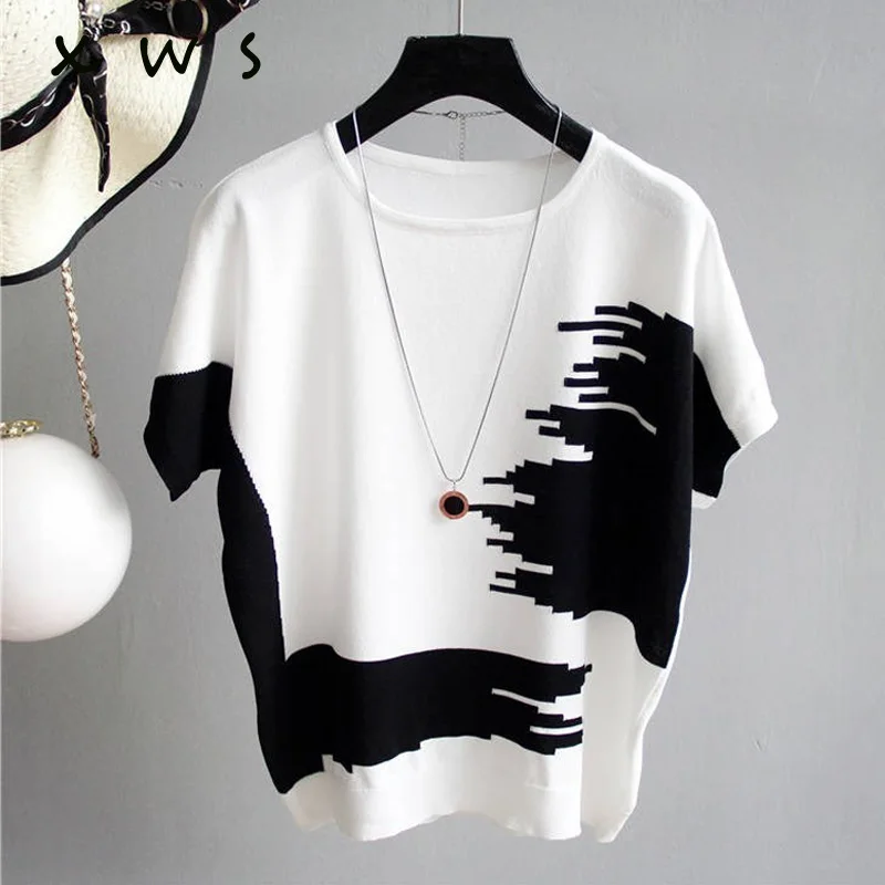 

Summer Women Sweater Pullover thin Rib Knitted pull femme Tops patchwork o Neck Essential Jumper Short Sleeve su. list item