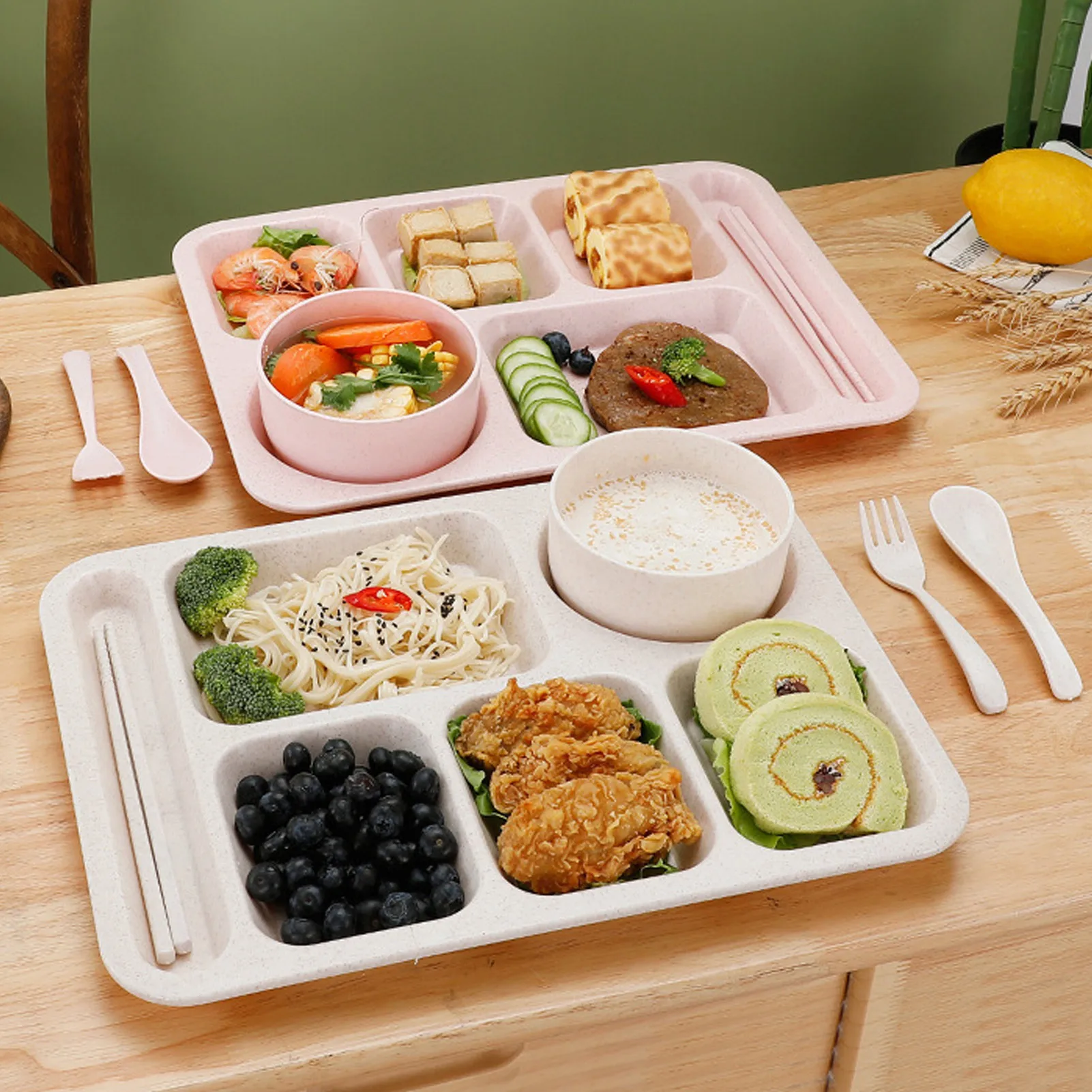 Cute Canteen Plate Food Containers Dining Hall Tray With Compartments And Lid Lunch Box Restaurant Buffet Tableware For Children