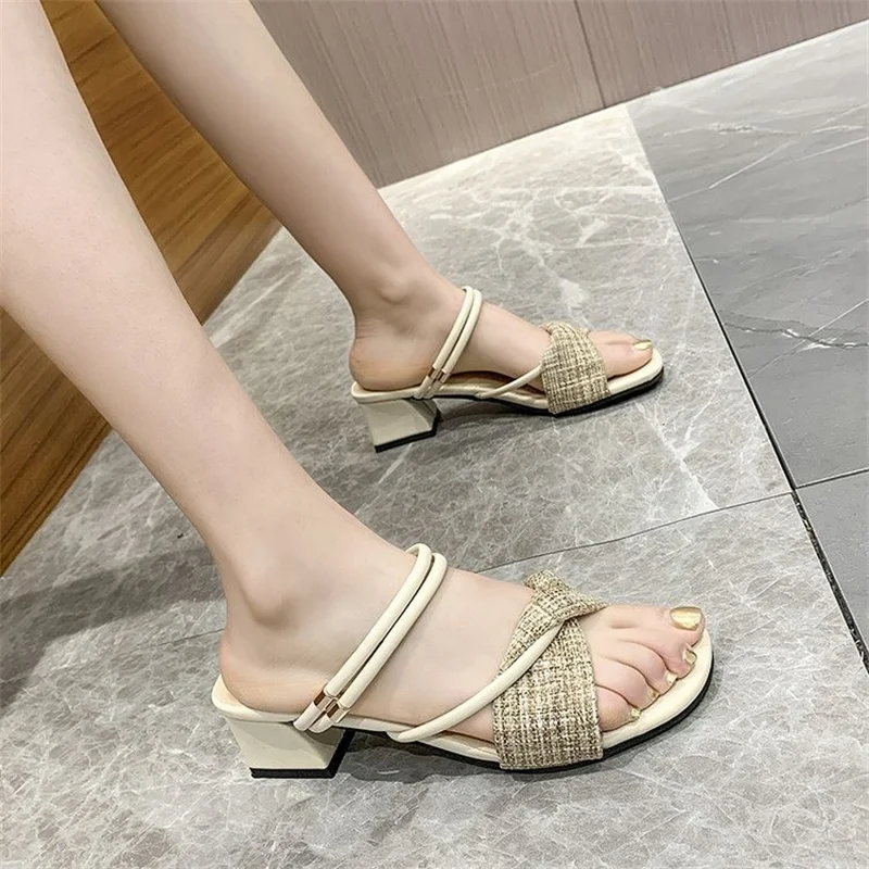 2023 New Elegant High Heels Sandals Women Summer Shoes Women Fashion Threading Methods Casual Sandals Square Heel Female Shoes