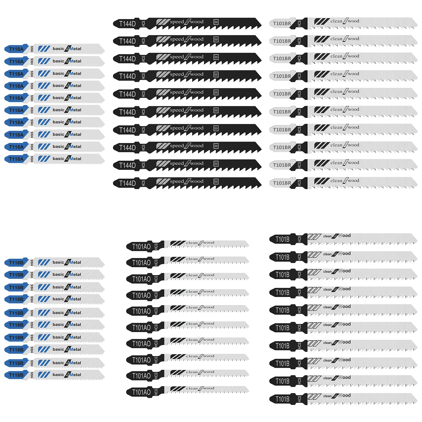 

60Pcs Jig Saw Blade Set HCS/HSS Sharp Assorted Saw Blades with T-shank Fast Cut Down Wear Resistant Jigsaw Blade Woodworking